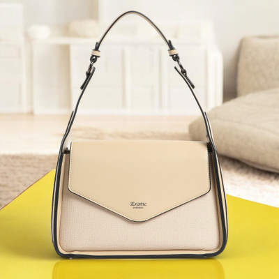 Exotic Premium Beige Shoulder Bag Unique Design Textured Flap Closure Bag