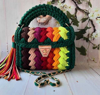 JNT SIMPEX Multicolor Hand-held Bag Dark Green Knitted Bag with Chain ladies purse