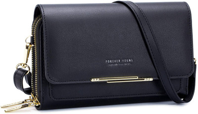 Venzina Black Sling Bag Small Crossbody Phone Bag for Women PU Leather Card Holder Mobile Purse Handbag