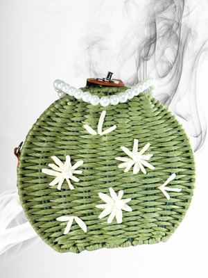 HUZUR JI Green Hand-held Bag Floral Straw Clutch