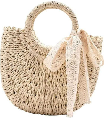 Shopaholic Beige Sling Bag Straw Bag with Lace Bow, Summer Beach Handbag, Bohemian straw Bag