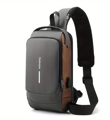 Shopeleven Grey Shoulder Bag Men's Anti-Theft Sling Chest Bag with Password Lock - Stylish Faux Leather