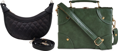 Dakota Black, Green Sling Bag Genuine Leather Stylish Moon Bag for Women – Compact & Trendy(Pack of 2)