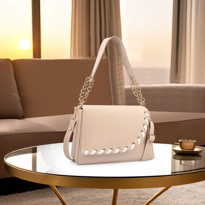 CLASKO Beige Hand-held Bag Trendy Women Shoulder Sling Bag with Chain Handle and Structured Handheld Style