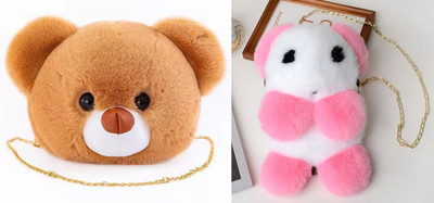 Nappmall Brown, Pink, White Shoulder Bag Cute Teddy Bear Faux Fur side bags Crossbody Plush Purse Chain Shoulder handbags(Pack of 2)