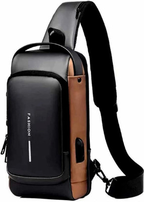 fashnita Grey, Brown Shoulder Bag Sling bag businessman bag chest cross body bag with USB charging port