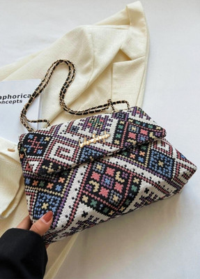 LIKE STYLE Grey Sling Bag Jute Multicolour Sling Bag with Metallic Strap
