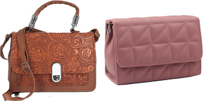 zufisha Tan, Pink Sling Bag Women Embossed Textured Flap Sling Bag with Adjustable Strap(Pack of 2)
