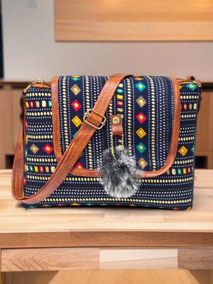 mas navi Blue, Brown Sling Bag Imported Fabric Vegan Leather Fashion Bags