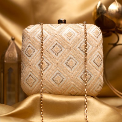 HOB Gold Clutch Cream Checks Pattern Thread Embroidery Clutch