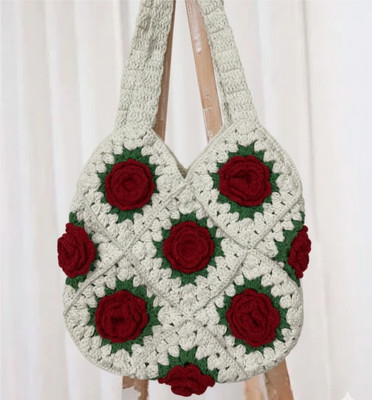 Style Gali White, Red Tote Rose Crochet Tote Bag for Women & Girl | Floral Jute Bag with Zipper