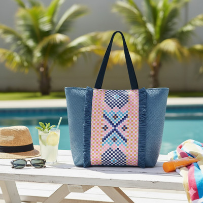 ENSAC Blue Hand-held Bag Women’s Jute Tote Bag with Geometric Pattern, Large Stylish Handbag for Casual