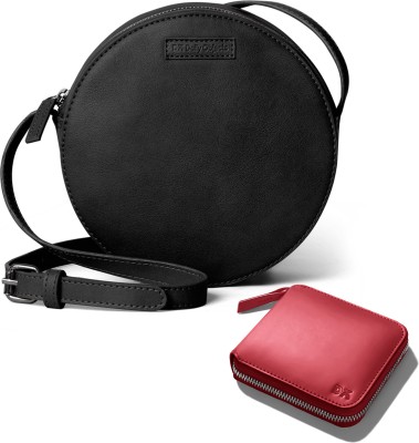 DailyObjects Black Sling Bag Faux Leather - Orbis Crossbody Bag | Crimson Red Vegan Leather Zip Wallet Combo(Pack of 2)