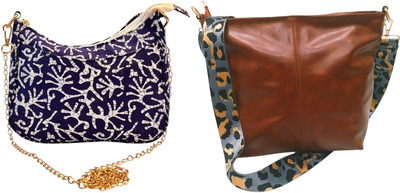 Dakota Blue, Brown Sling Bag In Floral Printed Cotton with Multiple Compartments & Pockets(Pack of 2)