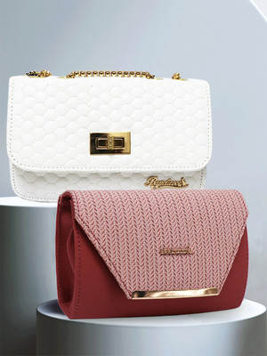 BANDICOOT White, Pink Sling Bag Cross body Chain Sling bag - WHITE AND PEACH(Pack of 2)