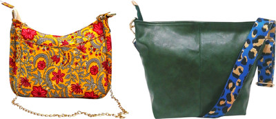 Dakota Yellow, Green Sling Bag In Floral Printed Cotton with Multiple Compartments & Pockets(Pack of 2)