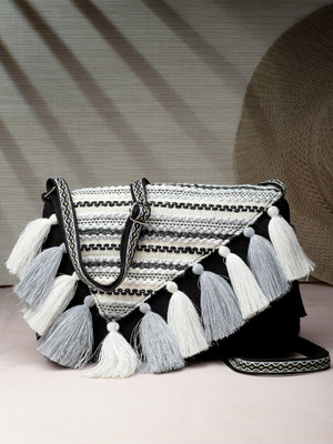 Anekaant Black, Silver Sling Bag Geomat Black & Silver Striped Jacquard Cotton Canvas Sling Bag