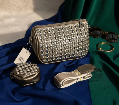 DOSYSO Khaki, Grey Sling Bag Rhinestone sling bags for women with coin pouch broad strap girls party purse