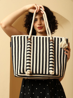 ENSAC White, Black Hand-held Bag Women’s Black & White Striped Canvas Tote Bag, Large Rope Handle