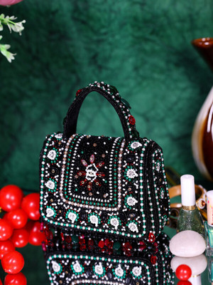 Swisni Black Clutch Handcrafted Velvet Clutch Bead