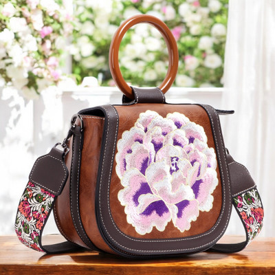 Exotic Brown Sling Bag Retro Floral Embroidery Sling Bag