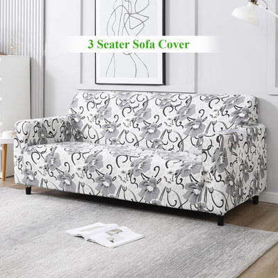 HOKiPO Polyester 3 Seater Sofa Floral Cover(Pack of 1 White Grey Flowers)