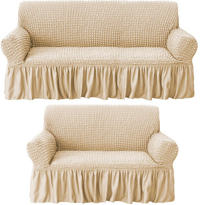 HOUSE OF QUIRK Polyester Striped 3+2 Seater Sofa Cover(Beige Pack of 2)