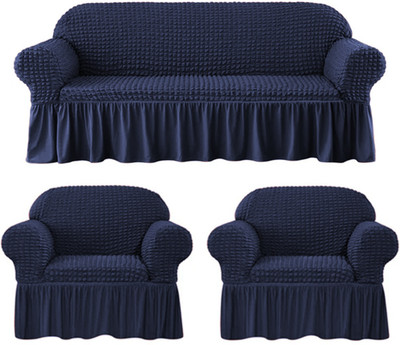 lukzer Polyester Checkered 3+1+1 Seater Sofa Cover(Navy Blue Pack of 1)