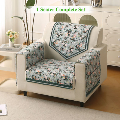 HOKiPO Velvet 1 Seater Sofa Floral Cover(Pack of 4 Magnolia Green)