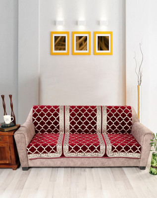 Nendle Velvet Damask 3 Seater Sofa Cover(Maroon Pack of 1)