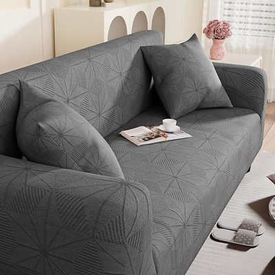 lukzer Jacquard Abstract 4 Seater Sofa Cover(Pastel Dark Grey Starlight Grid Pack of 1)