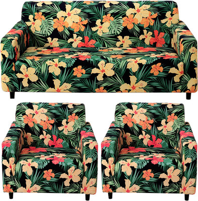 HOKiPO Polyester 3+1+1 Seater Sofa Floral Cover(Pack of 3 Spring Green Hibiscus)