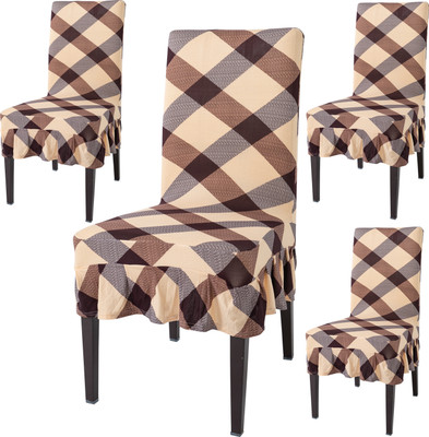 HOKiPO Polyester 4 Seater Chair Checkered Cover(Pack of 4 Beige)