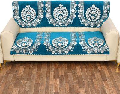 KRISSTA Cotton 3 Seater Sofa Embroidered Cover(Pack of 1 Blue)