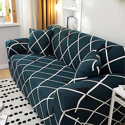 B BESTILO Polyester Checkered 4 Seater Sofa Cover(BLU DIAMOND Pack of 1)