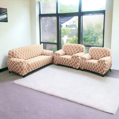 tansh Polyester 3+1+1 Seater Sofa Geometric Cover(Pack of 3 Baige)