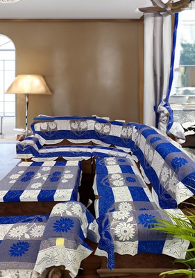 croox Cotton 3+1+1 Seater Sofa Floral Cover(Pack of 9 Blue)
