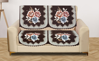 RRC Velvet Floral 2 Seater Sofa Cover(Brown, White Pack of 2)