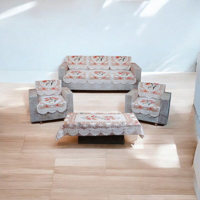 R2H2 Polyester Floral 3+2 Seater Sofa Cover(Brown Pack of 6)