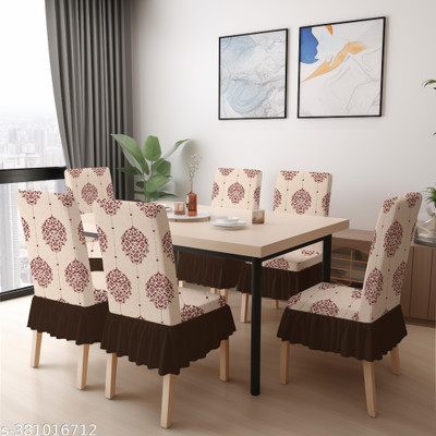 DECORIAN Polycotton Abstract 6 Seater Chair Cover(Damask Beige Pack of 6)