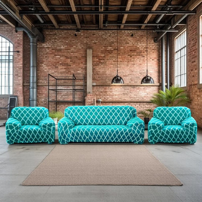 ADstore Polyester Checkered 3+1+1 Seater Sofa Cover(Blue Pack of 1)