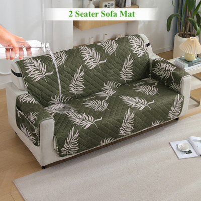 HOKiPO Polyester 2 Seater Sofa Floral Cover(Pack of 1 Palm Leaves Olive)
