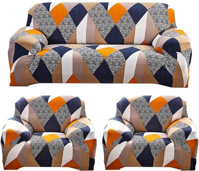 Sitting Style Polyester Checkered 3+1+1 Seater Sofa Cover(Orange Pack of 3)