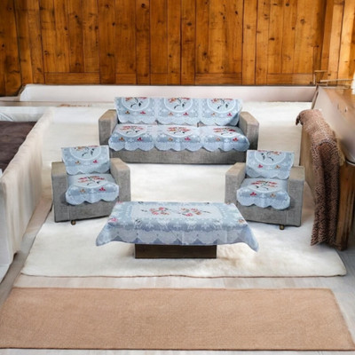 R2H2 Polyester Floral 3+2 Seater Sofa Cover(Blue Pack of 6)
