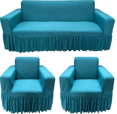 Gifts Island Polycotton 3+1+1 Seater Sofa Plain Cover(Pack of 3 Teal Plain Non-Slip Stretchable Elastic 360° Frill Sofa Cover (3+1+1 Seater)|)