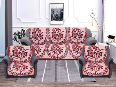 KUBER INDUSTRIES Velvet 3+1+1 Seater Sofa Floral Cover(Pack of 6 Maroon)