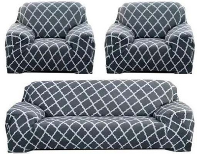 papsun Polyester Geometric 3+1+1 Seater Sofa Cover(Grey Pack of 1)
