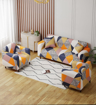 KriShyam Polyester Geometric 3+1+1 Seater Sofa Cover(Orange Grey Geometric Pack of 1)