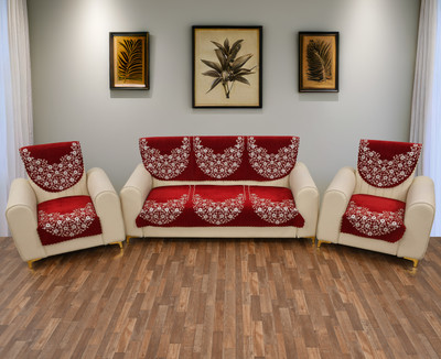 GLORIES Chenille Floral 3+1+1 Seater Sofa Cover(Maroon Pack of 6)