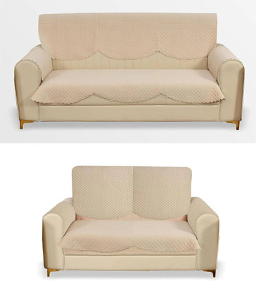 Bigger fish Velvet Checkered 3+2 Seater L-Shape Sofa Cover(Cream Pack of 14)